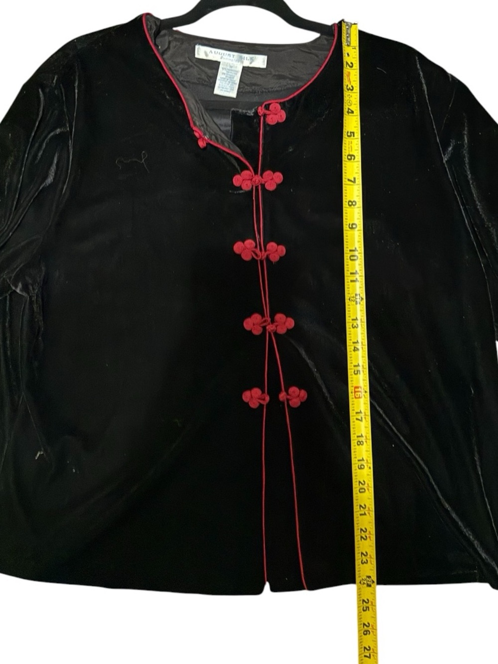 Vintage 90s August Silk Black Velvet Top M Red Oriental Frog Closure - Picture 7 of 8